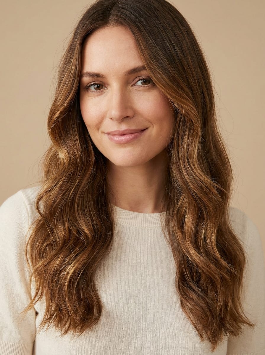 Braune Haare mit Highlights bei langen Wellen - braune Haare mit Highlights